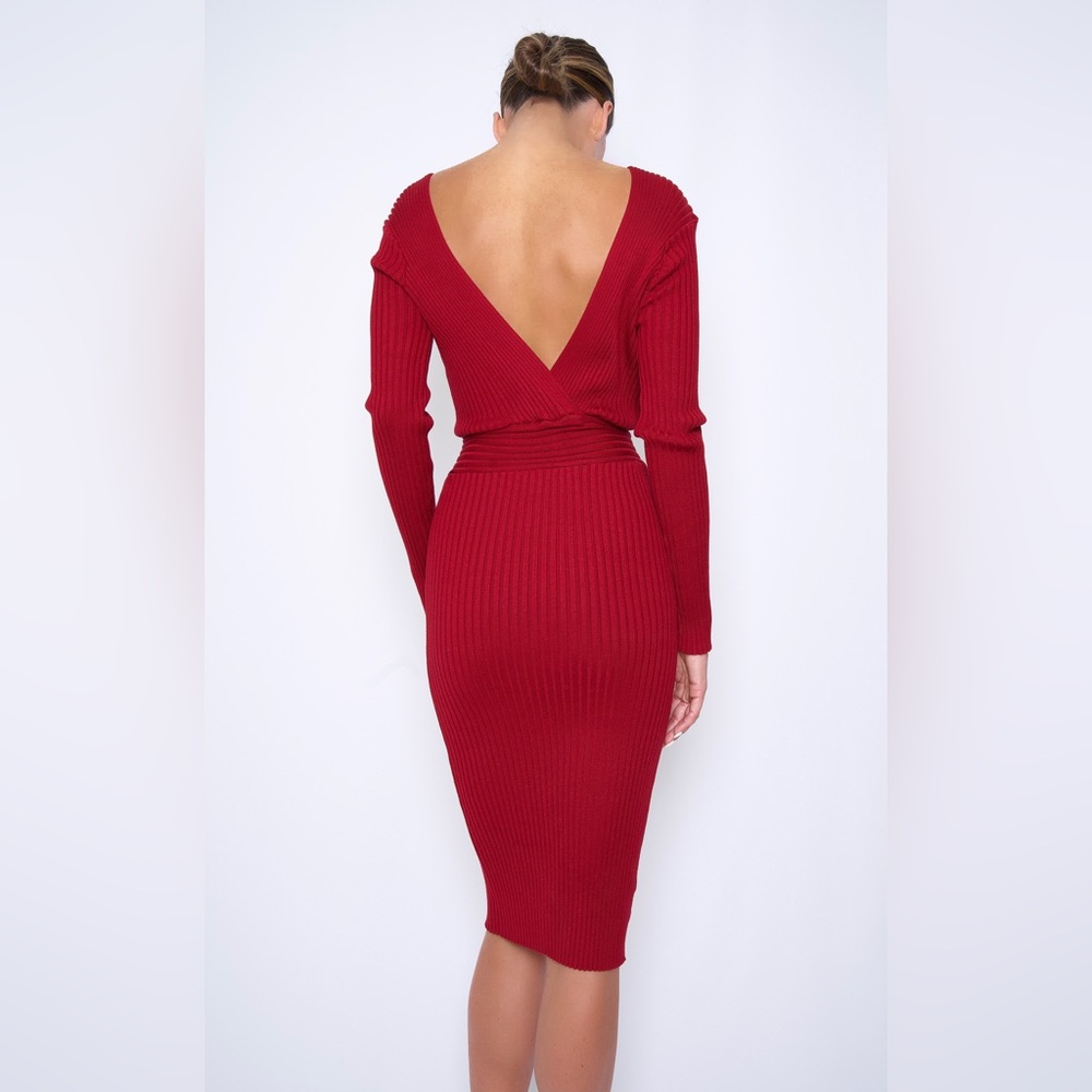 Stretch cotton midi V dress red